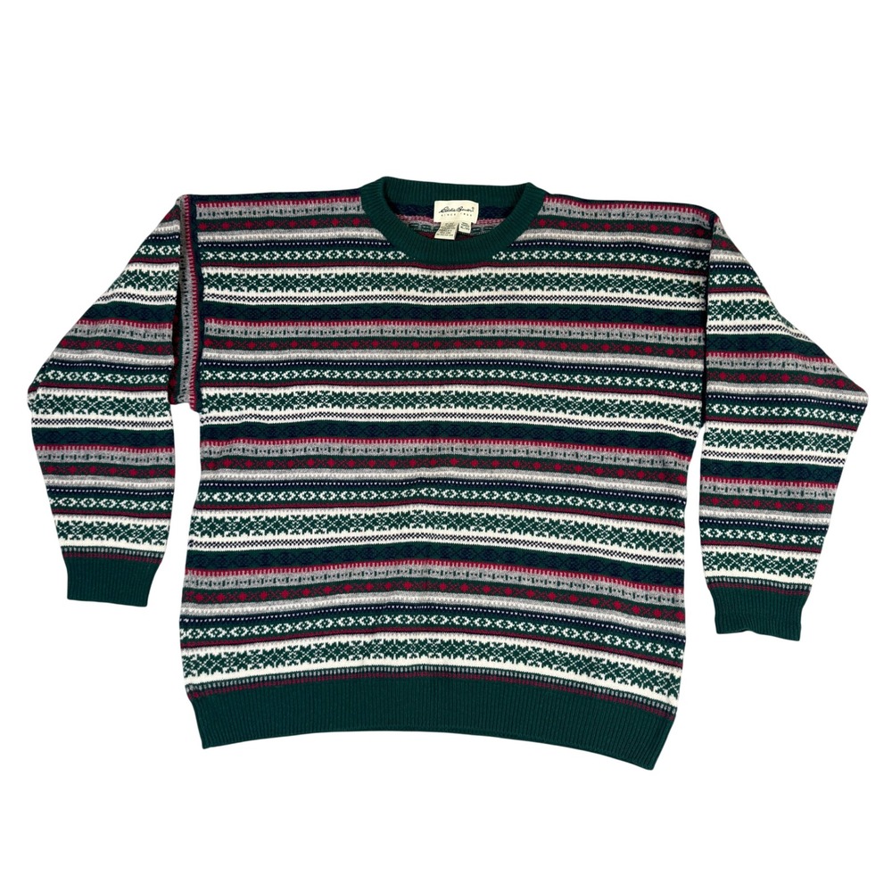 Eddie Bauer Vintage Mens XL Lambswool Fair Isle Sweater Green Red Striped XL/XG